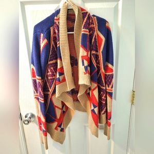 Patterned knitted cardigan, blue, tan, red, small